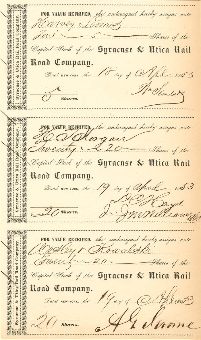 Syracuse and Utica Rail Road Co. signed by Addison G. Jerome - Three Stock Transfer Receipt Sheet